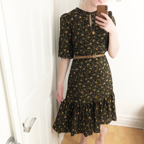 Vintage Dresses & Skirts - Sunning Vintage Floral Midi Dress - Poof Sleeves